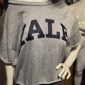 Gray Off-Shoulder Top with Navy Letters